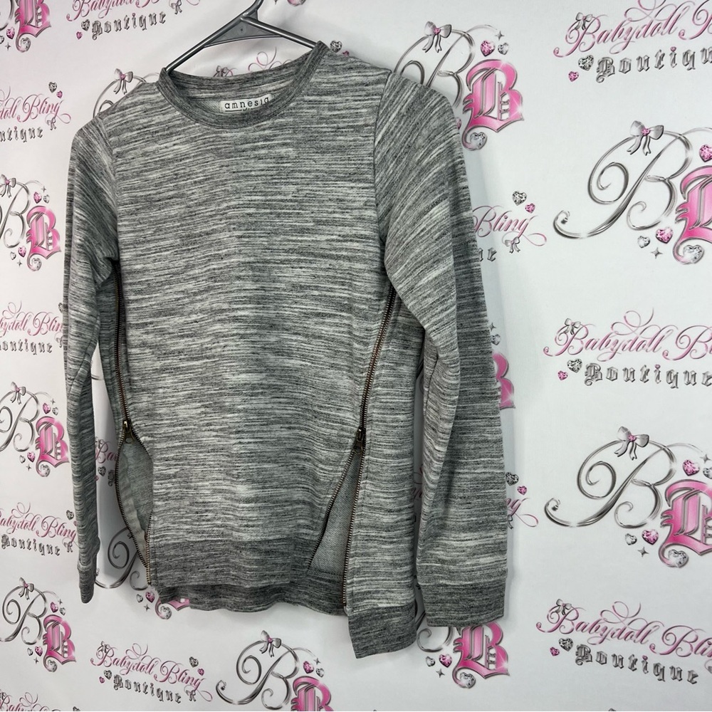 Amnesia sweater top double zippers zip up detail Heather Gray Crewneck Sweater - Picture 3 of 10